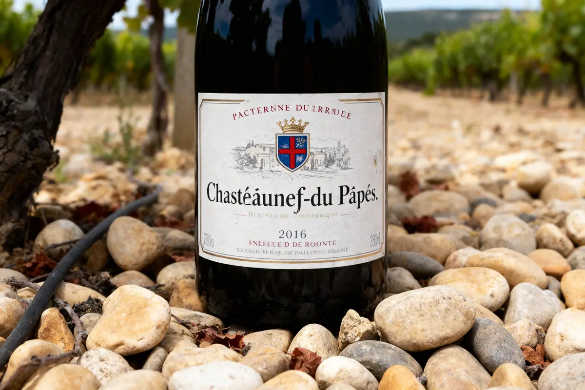 Bouteille de vin Châteauneuf-du-Pape sur sol caillouteux de vignoble, étiquette mentionnant millésime 2016.