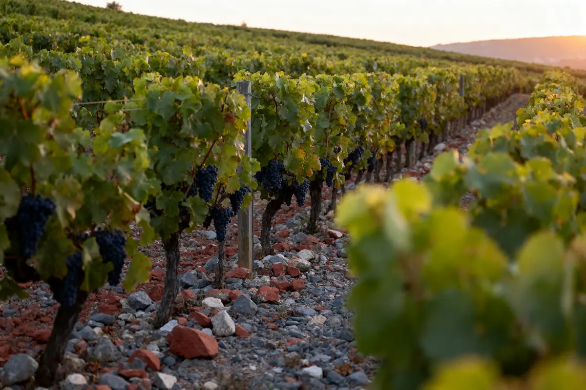 Rangées de vignes avec grappes de raisins noirs, sol rocheux, coucher de soleil à l'horizon en arrière-plan.