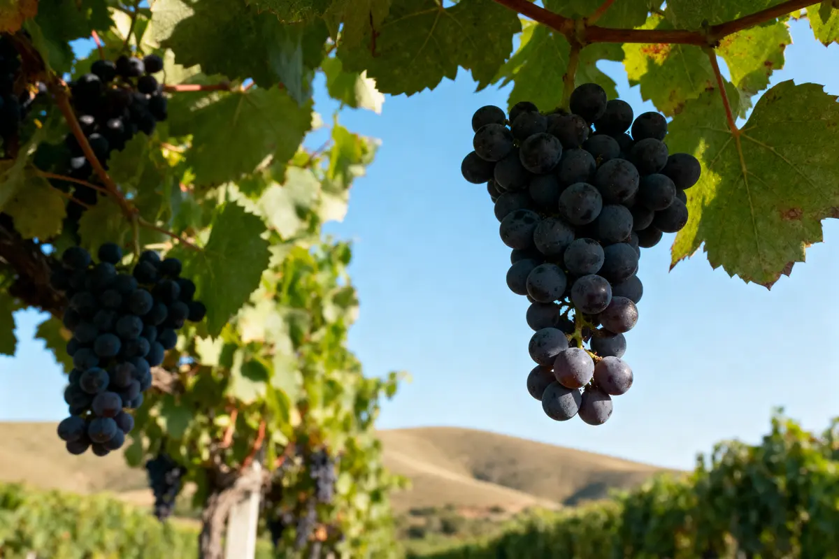 Grappe de raisins noirs suspendue à une vigne, avec ciel bleu et collines en arrière-plan.