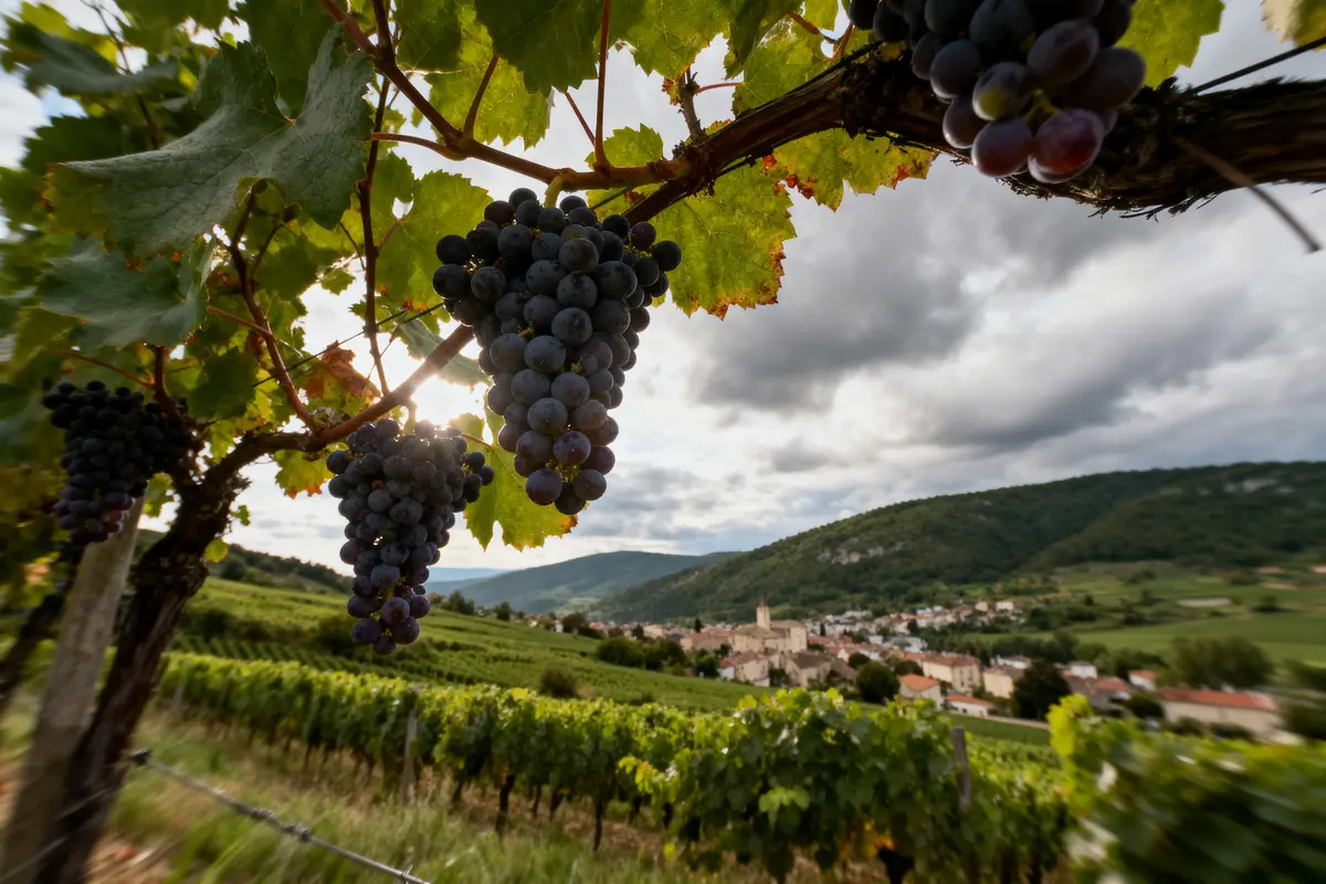 Grappe de raisin dans un vignoble, paysage de collines et village en arrière-plan.