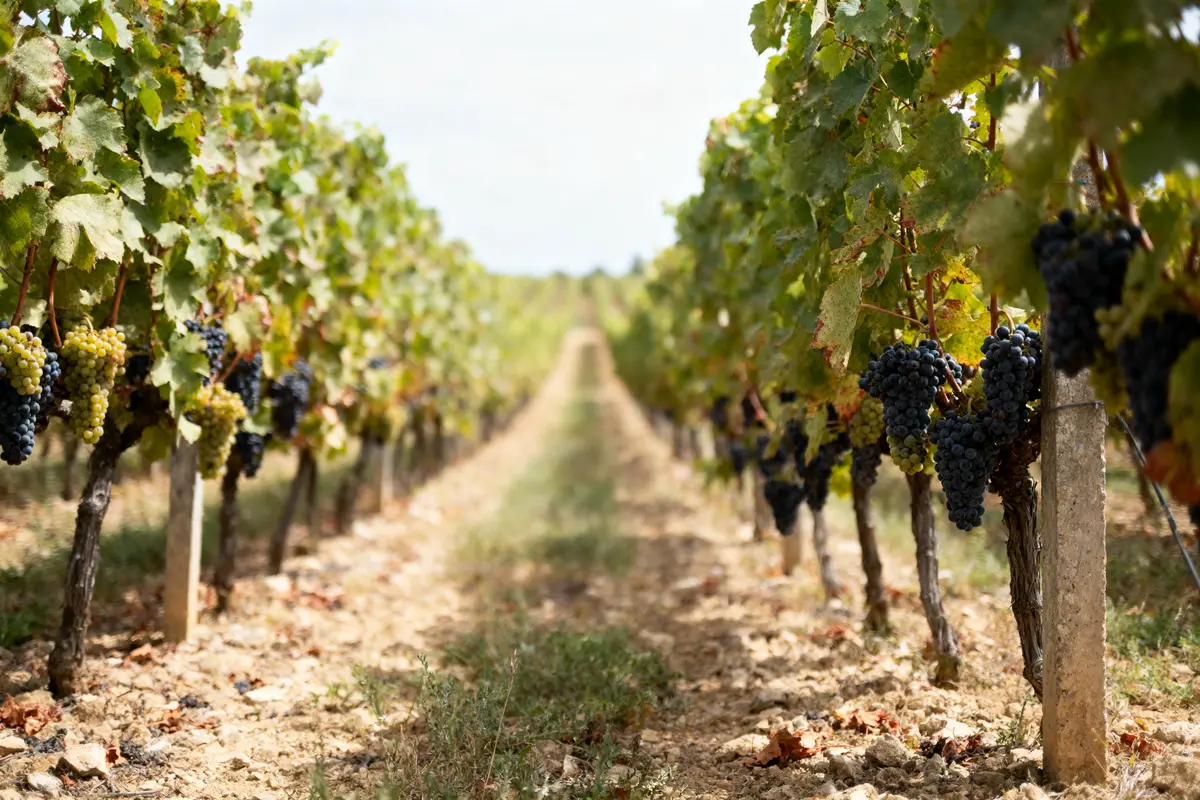 Vignes avec grappes de raisins rouges et verts, alignées sous un ciel clair.