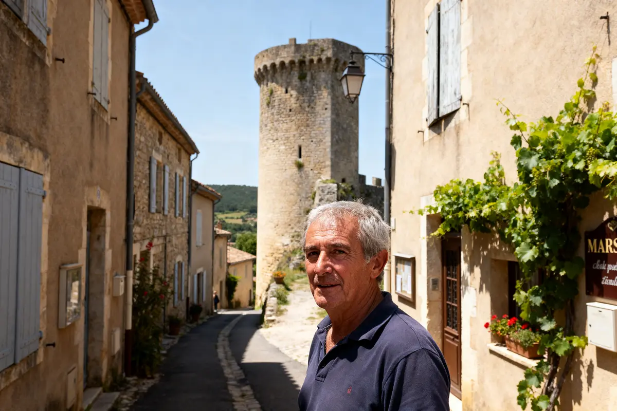 Homme dans une ruelle pavée avec une tour en pierre médiévale à l'arrière-plan, village pittoresque.