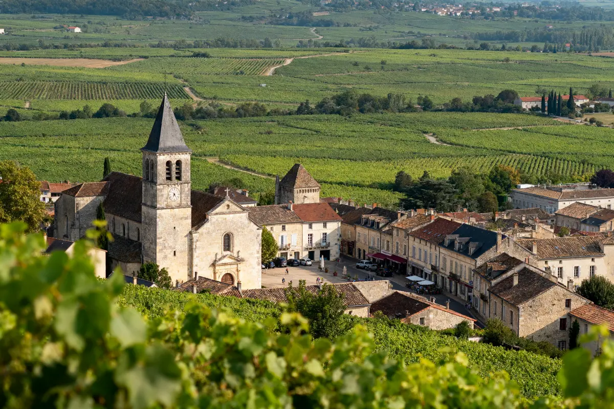 Village pittoresque avec église en pierre et vignobles environnants, vue aérienne. Architecture traditionnelle et campagne verdoyante.