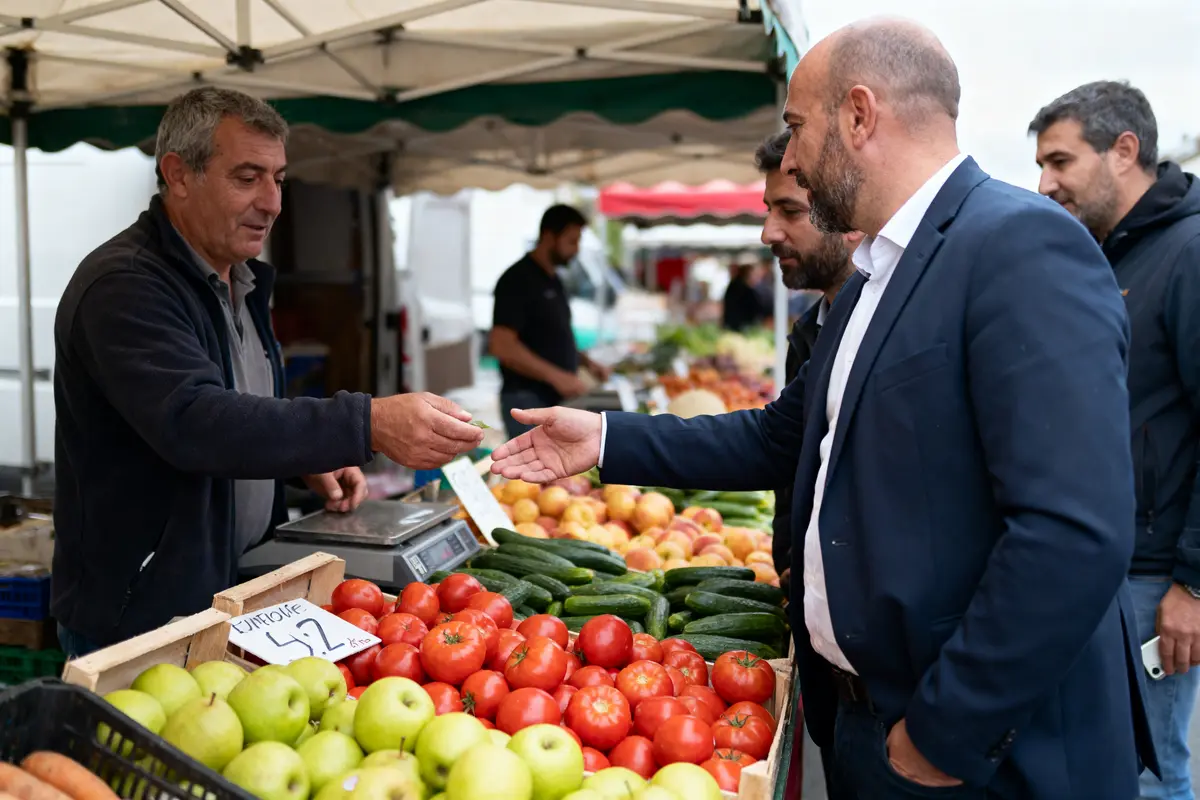 Homme en costume achetant des légumes à un commerçant au marché. Tomates, concombres, pommes en premier plan.
