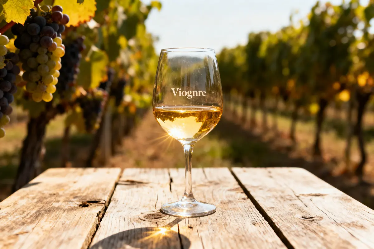 Verre de vin blanc sur table en bois, vignoble en arrière-plan, soleil illuminant les raisins.