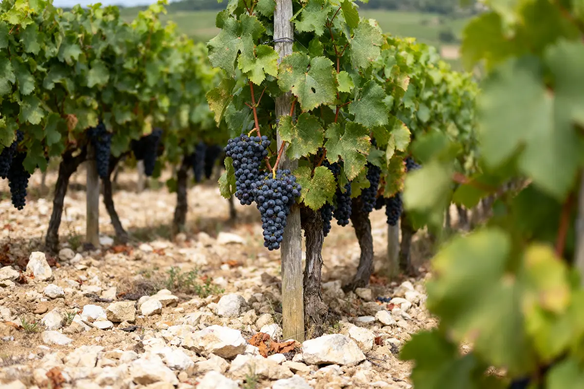 Vignes de raisins mûrs à Aloxe Corton sur sol calcaire ensoleillé