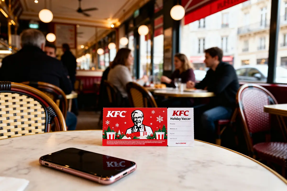 Carte KFC chèque vacances sur table de café animé avec smartphone