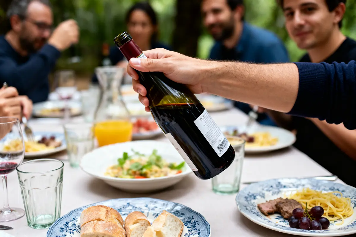 Main tendant une bouteille à un dîner convivial, idéal pour apporter du vin à un diner