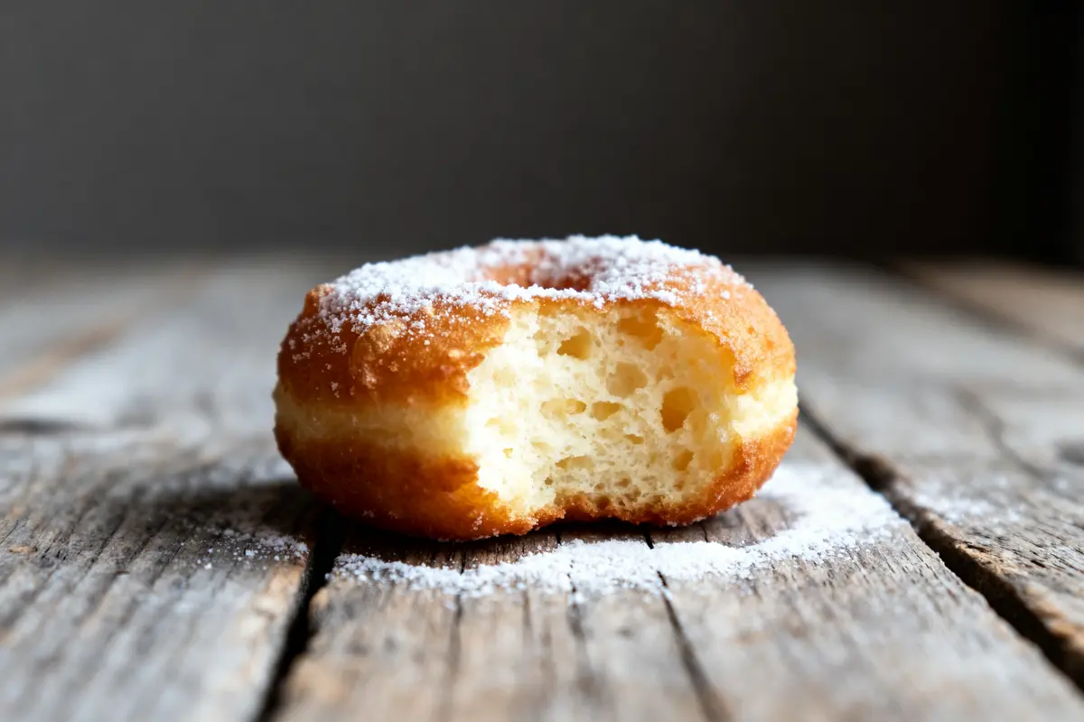 Beignet de carnaval mordu sur table en bois saupoudré de sucre en poudre