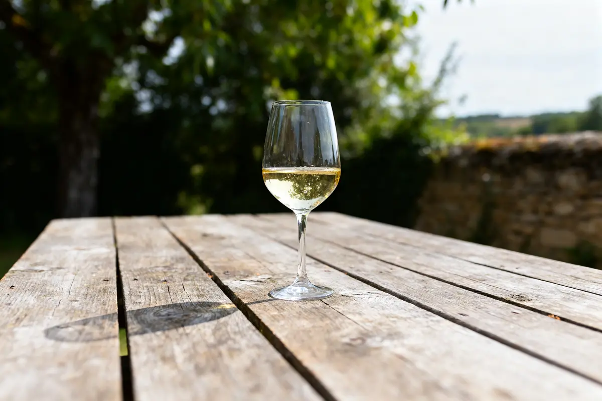Verre de bourgogne aligoté sur table en bois dans un jardin ensoleillé