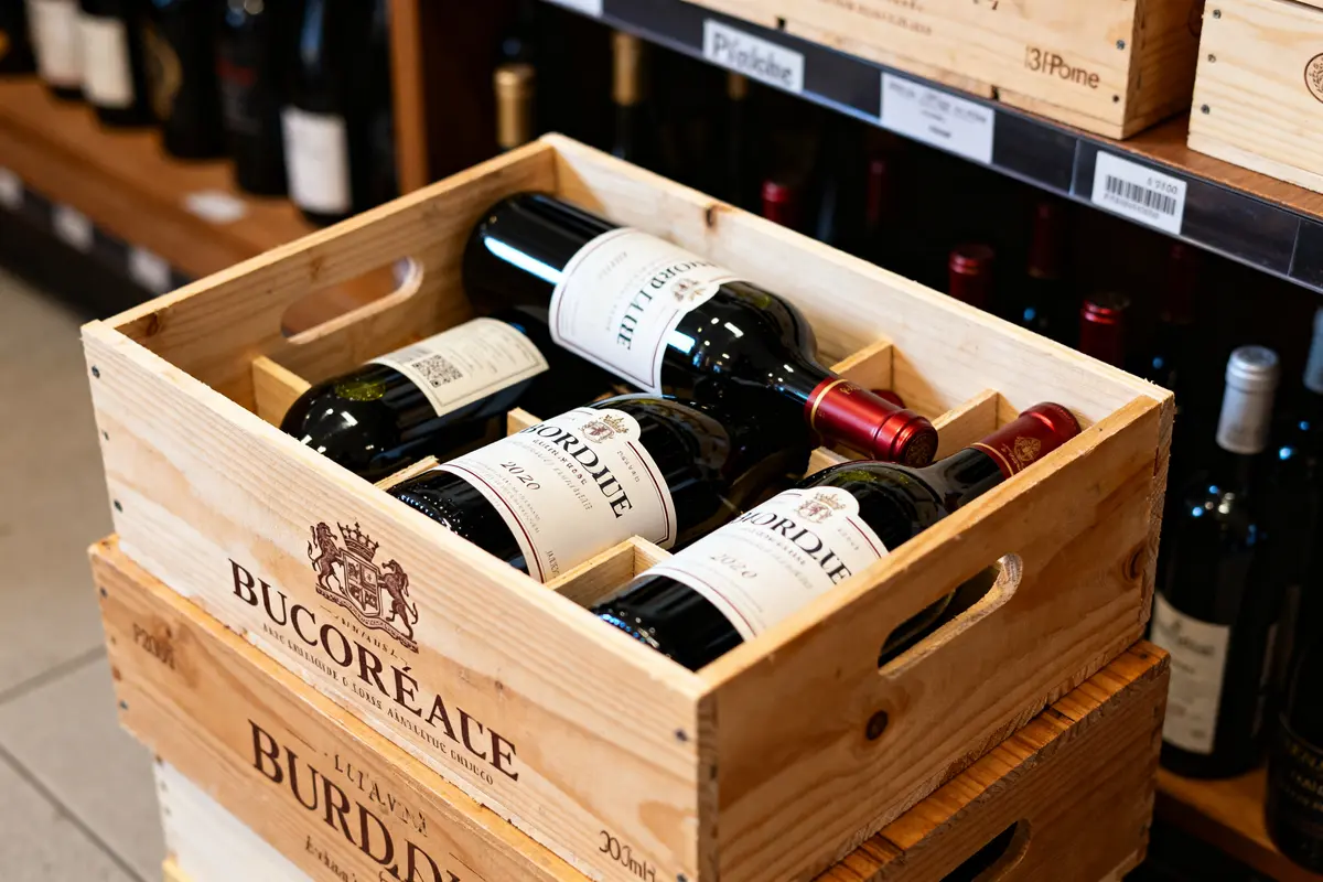 Caisses de vins de Bordeaux remplies de bouteilles en magasin vinicole