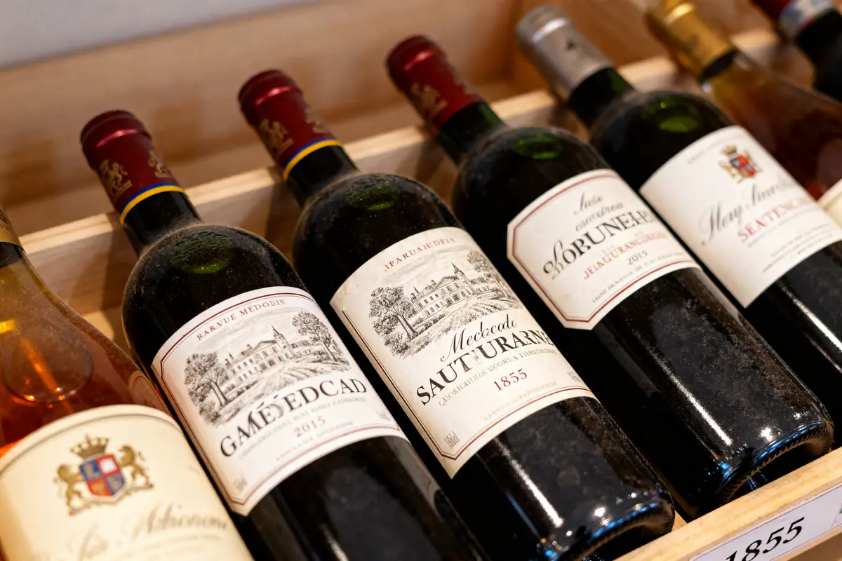 Bouteilles de vin en caisse, étiquettes reflétant le prestigieux classement de 1855