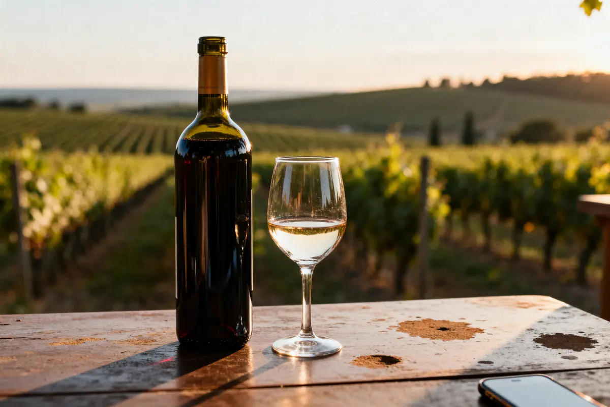 Bouteille et verre de vin sur table avec vignoble du guide du vin en arrière-plan