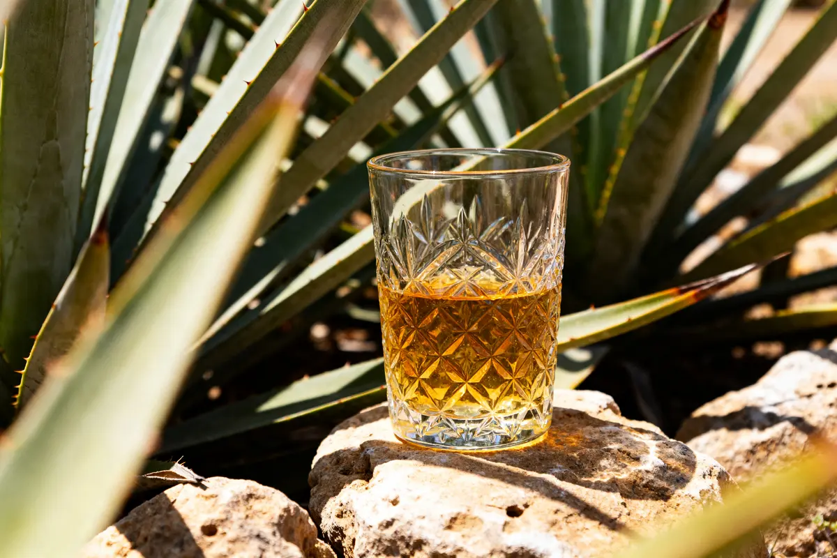 Verre de mezcal sur rocher devant plante d'agave ensoleillée