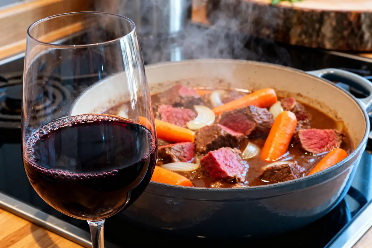 Verre de vin rouge accompagné d'un boeuf bourguignon mijoté quel vin pour boeuf bourguignon