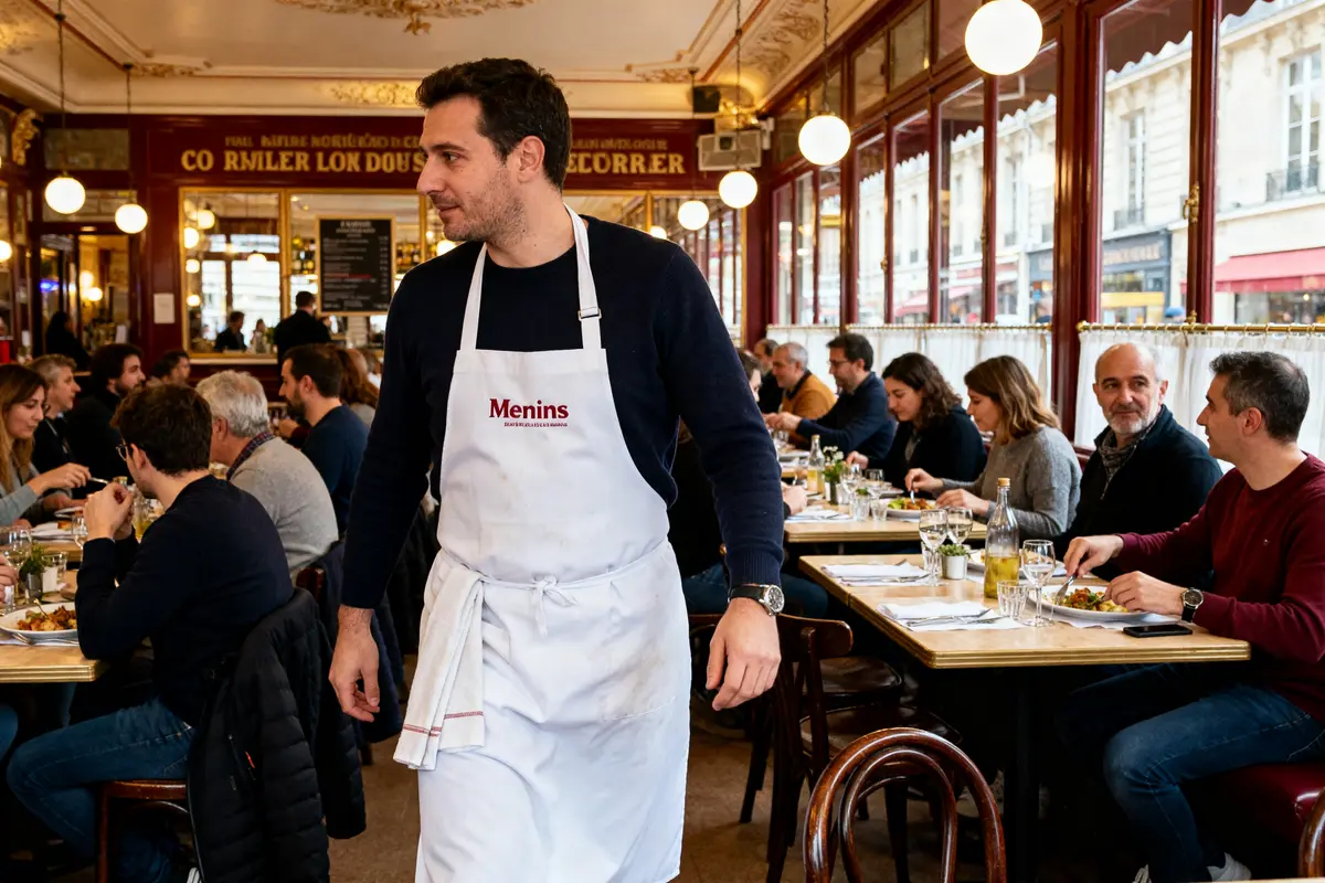 Serveur portant un tablier Reims dans un restaurant animé avec clients dînant à l'intérieur