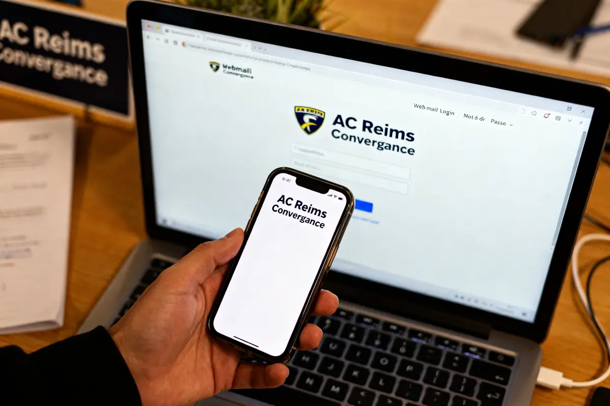 Écran d'ordinateur et smartphone affichant le portail webmail AC Reims Convergence connexion.