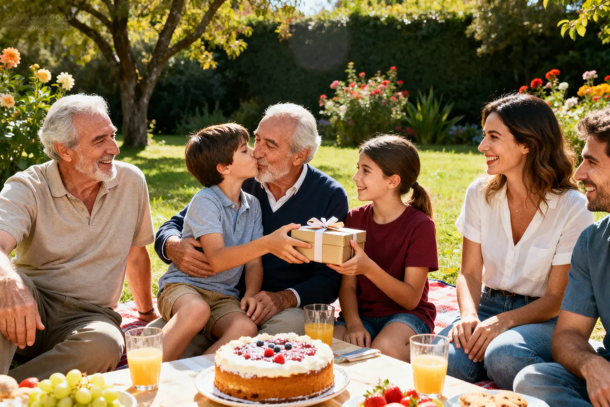 Famille fêtant la fête des grands-pères le 6 octobre avec gâteau et cadeaux