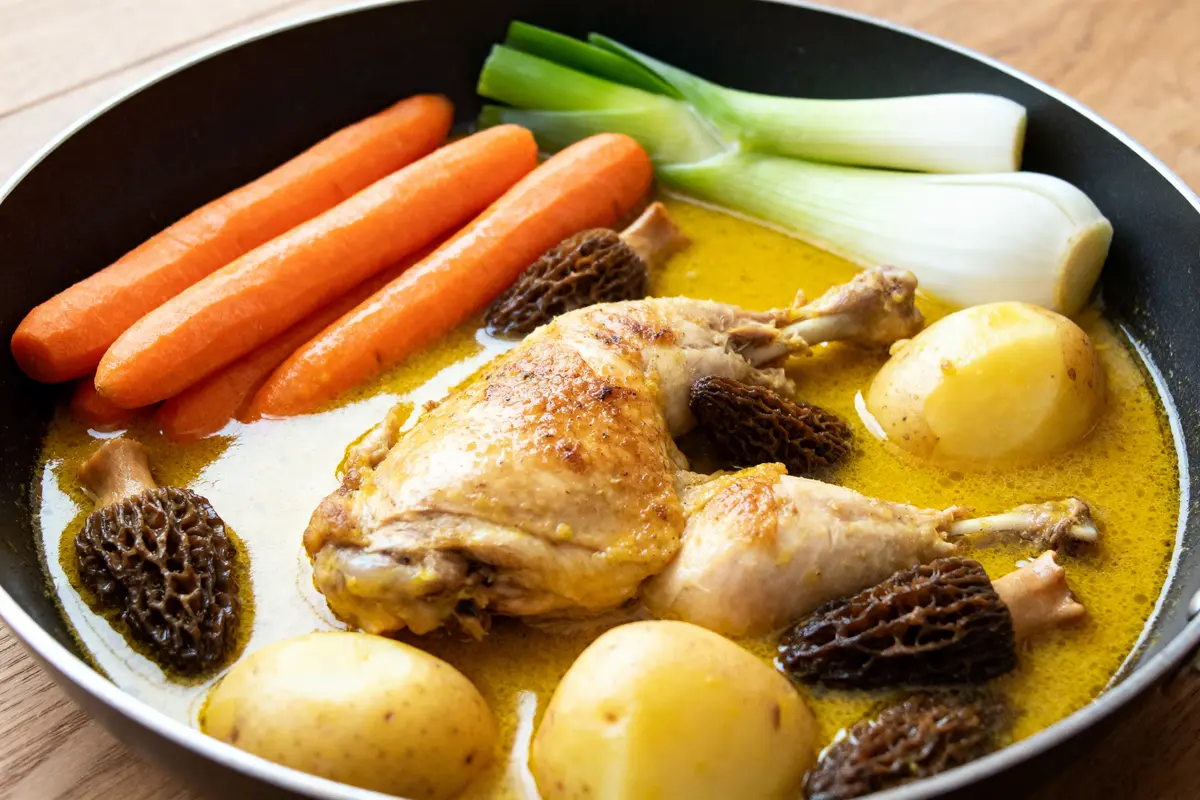 Carottes, poireaux, pommes de terre accompagnant un poulet au vin jaune et morilles.